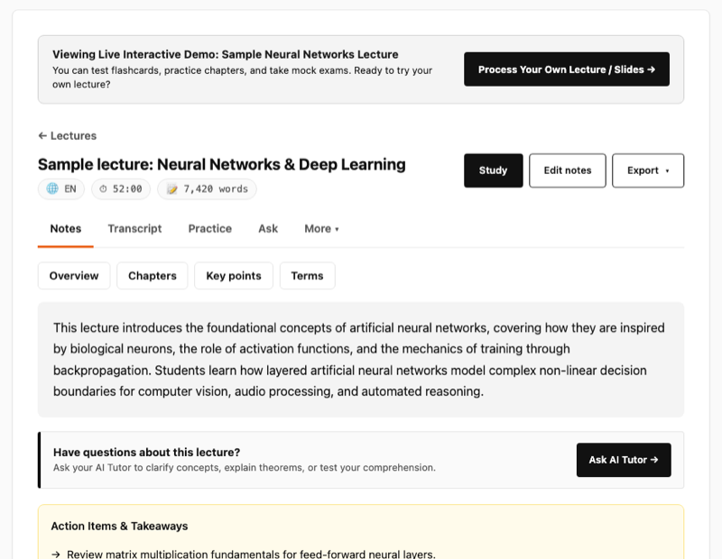 The notes screen for a 52-minute sample lecture: title, tabs for Notes, Transcript, Practice and Ask, an overview paragraph and a button to ask the AI tutor.